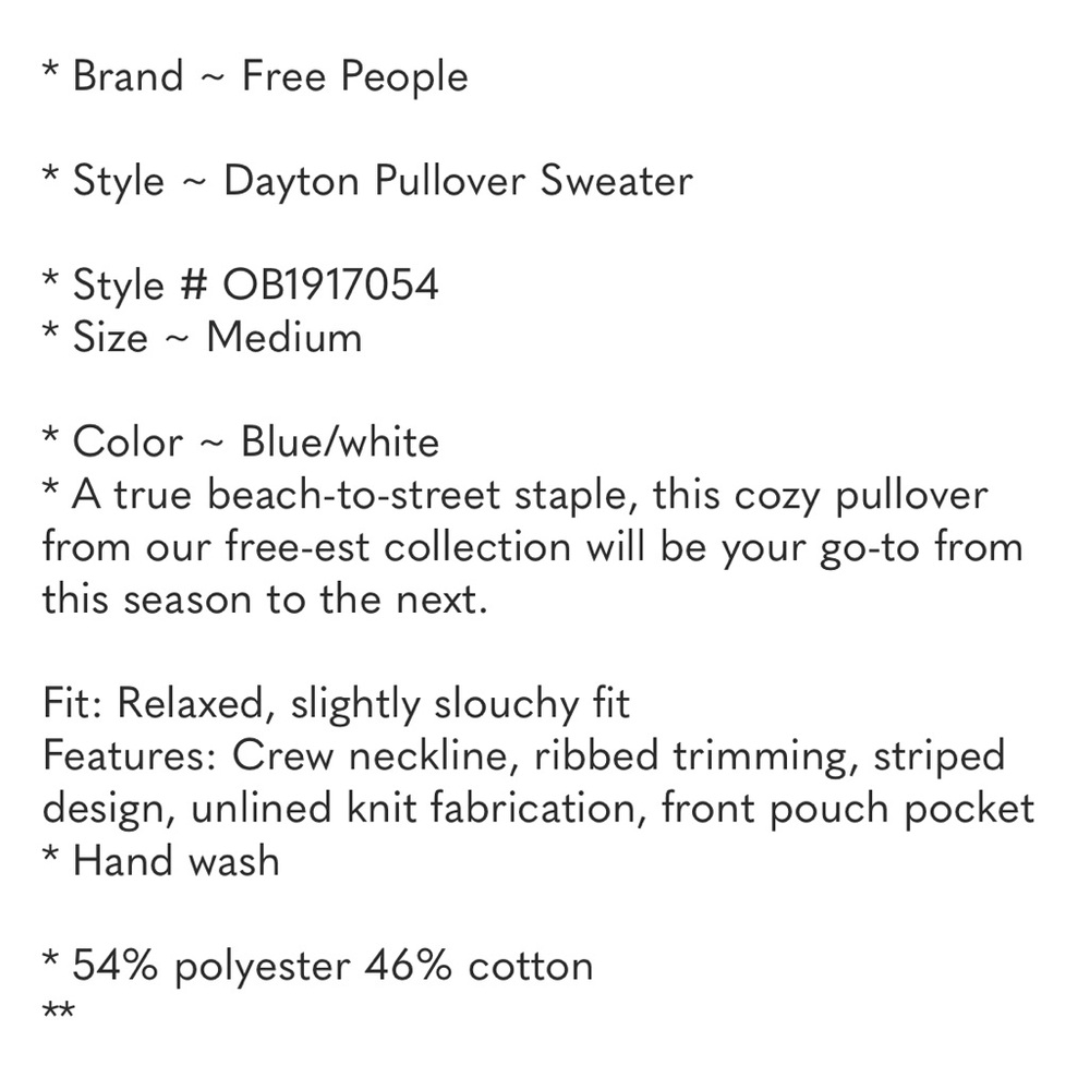 Free People Beach Dayton Pullover Sweater Blue White Large - Picture 15 of 15